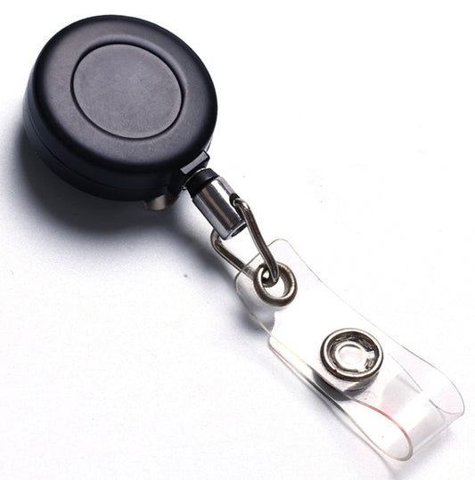 Retractable key chain clip with black round reel and clear badge holder, metal hook loop