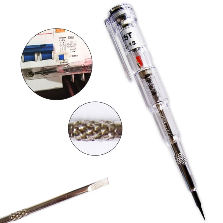 Voltage tester pen with clear body and pointed probe, shown with detail close-up circles