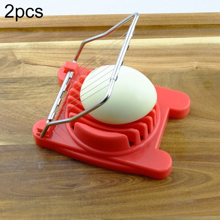 Red stainless steel egg slicer with frame and curved cutting wires