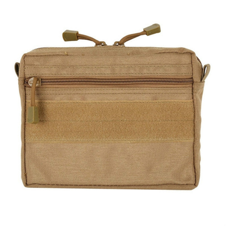Tan nylon organizer bag with front zip pocket and side strap loops