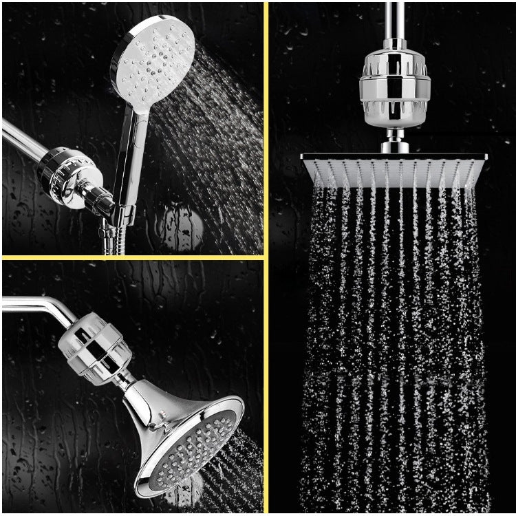 Shower head and inline water filter releasing fine water spray