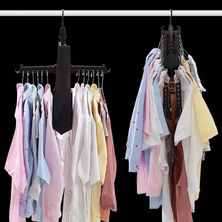 Clothes hanging on multi-bar rack with black clips and chrome frame