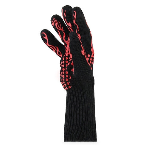 Single black BBQ grill glove with red flame graphics and ribbed knit cuff