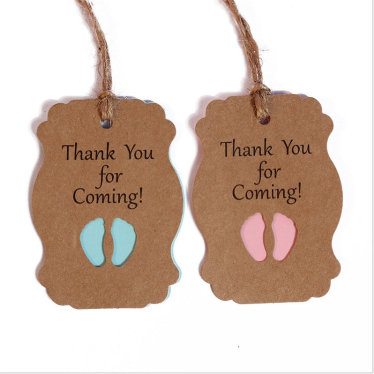 Pair of kraft thank-you labels: 'Thank You for Coming!' with blue and pink baby feet