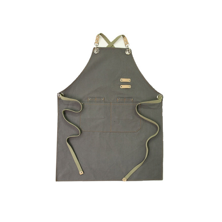 Gray work apron with adjustable straps, metal ring points, and front tool pocket.