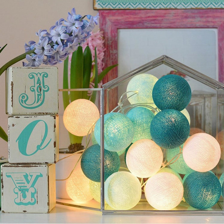 LED cotton ball light string inside glass case with teal and warm white balls