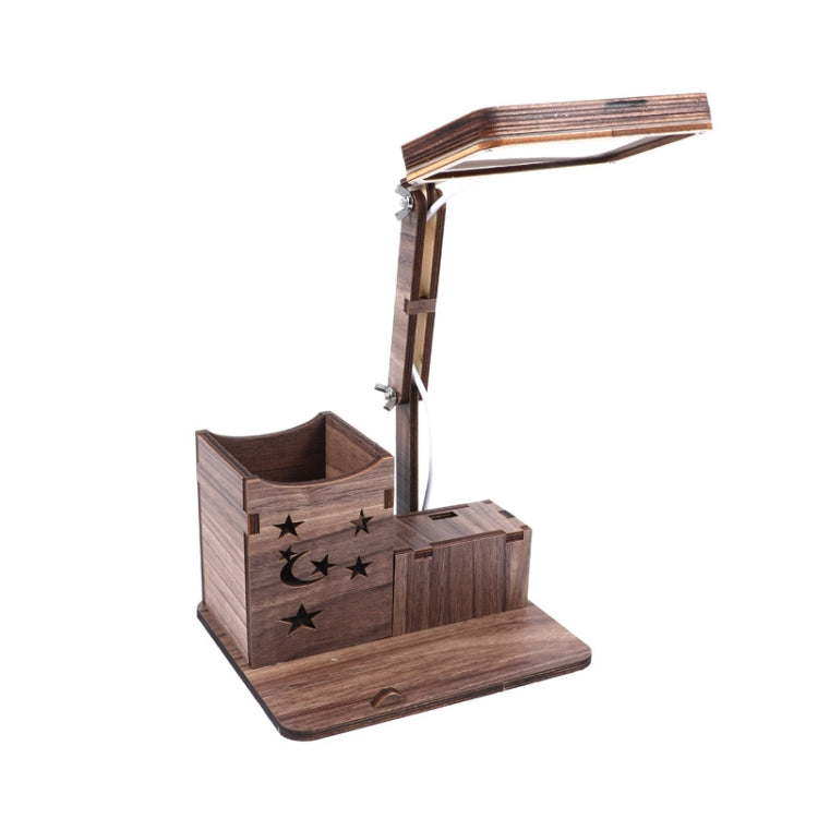 Wooden desk lamp stand with pen cup organizer, moon-and-star engraving, upright light