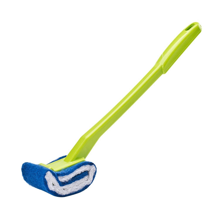 Disposable toilet brush with soft bristles, lime green handle, blue and white head