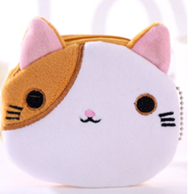 Orange-and-white plush cat coin purse with round eyes and zipper keyring