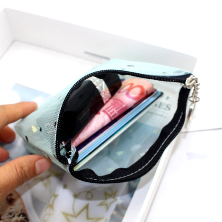Open blue transparent zipper coin purse, interior view with folded bills