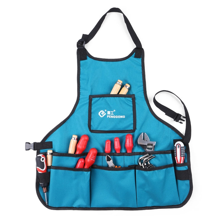 Blue waterproof canvas tool apron organizer with front pouch and divided pockets