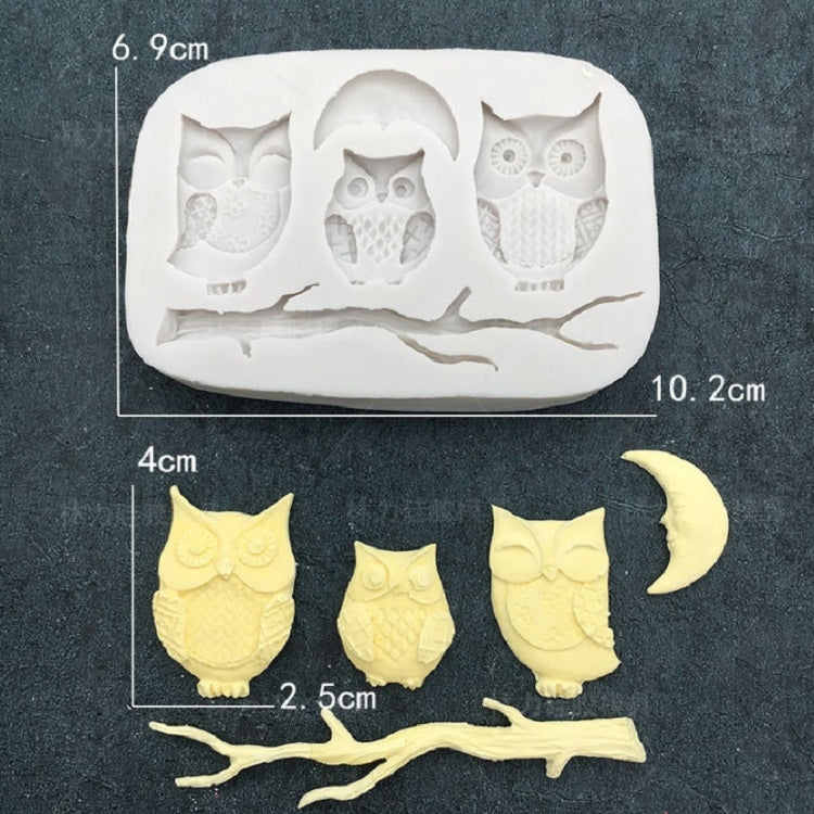 Owl silicone fondant mold with three owl shapes and twig branch layout