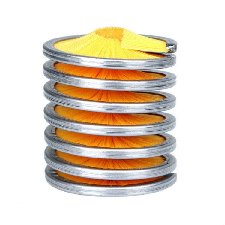 Rope cleaning brush with yellow and orange bristle tufts on metal coil base