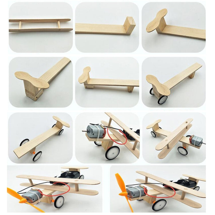 Electric wooden airplane model shown in multiple angles with orange propeller and wheels