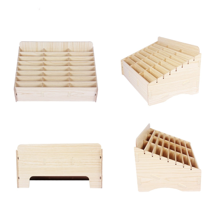 Light wood 24-cell phone organizer box set, shown from front, side, and open compartment views