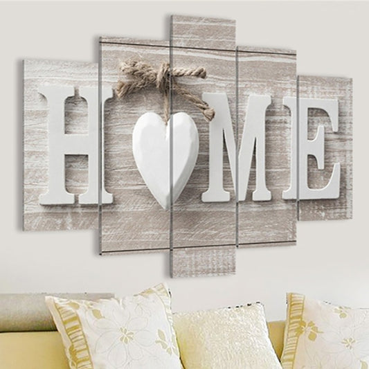 Five-panel HOME canvas wall art with heart emblem and weathered gray-white texture