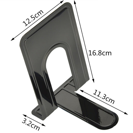 Dark gray metal bookend with U-shaped opening and flat non-slip base
