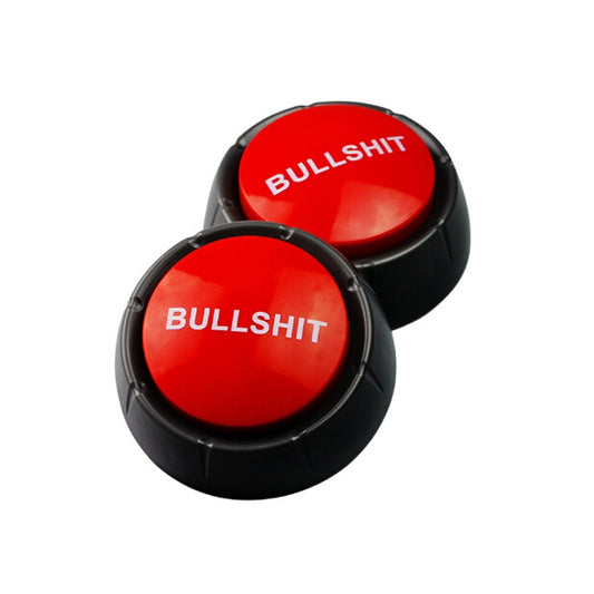 Pair of red electronic squeeze sound buttons labeled "BULLSHIT" with black bases