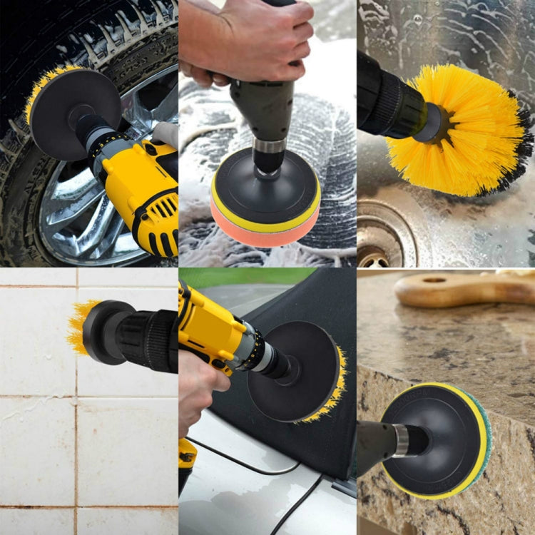 Electric drill brush pads in use, including yellow nylon and orange scrub discs