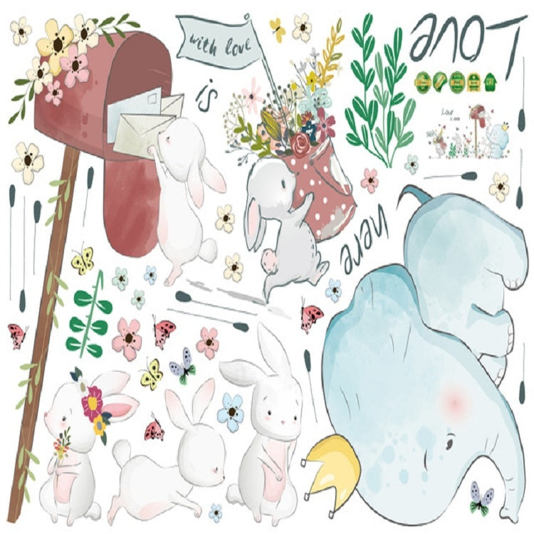 Decorative kids wall sticker sheet with bunnies, elephant, butterflies, and “with love”