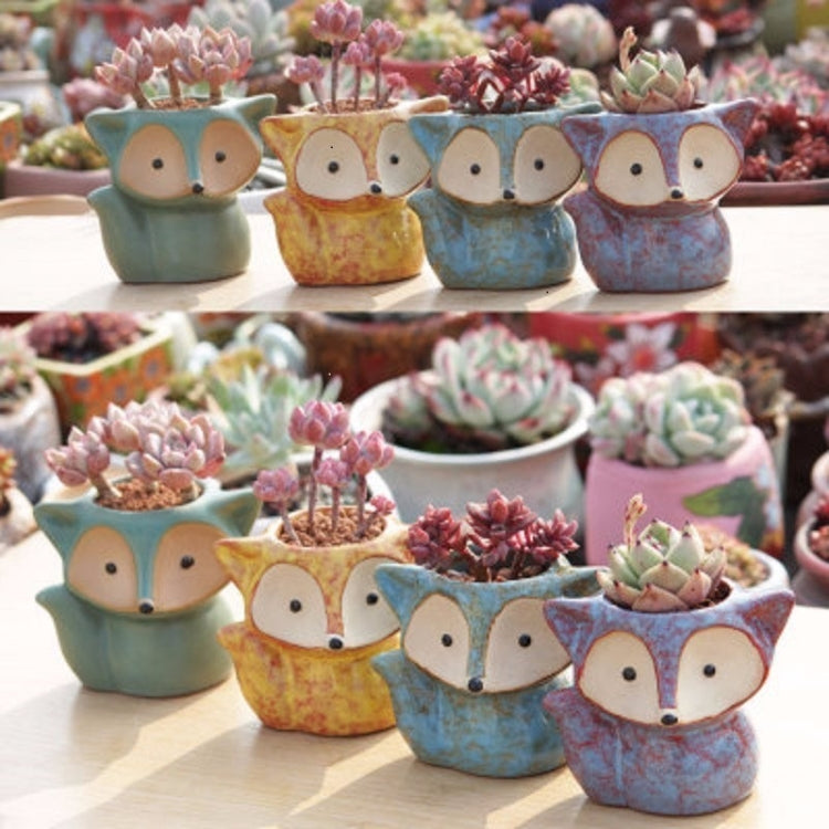 Assorted ceramic fox-face succulent thumb pots in multiple colors with small plants