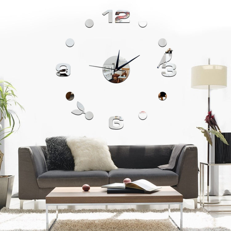 Silver 3D wall clock sticker set with raised numbers, clock hands, and bird-and-leaves