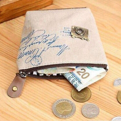 Gray mini coin pouch with zipper and snap strap, vintage script print and bicycle charm