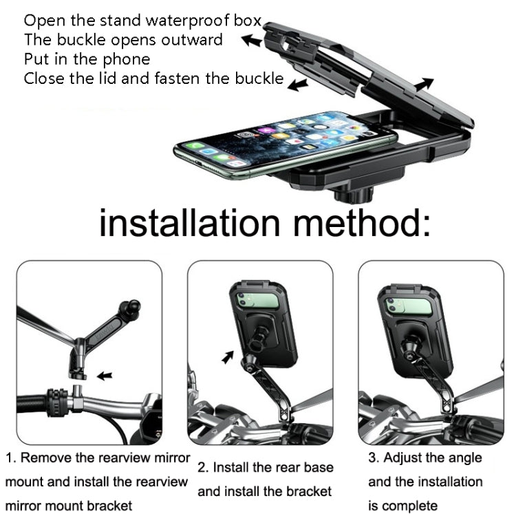 Waterproof phone holder installation steps with opened box and bike mounting points