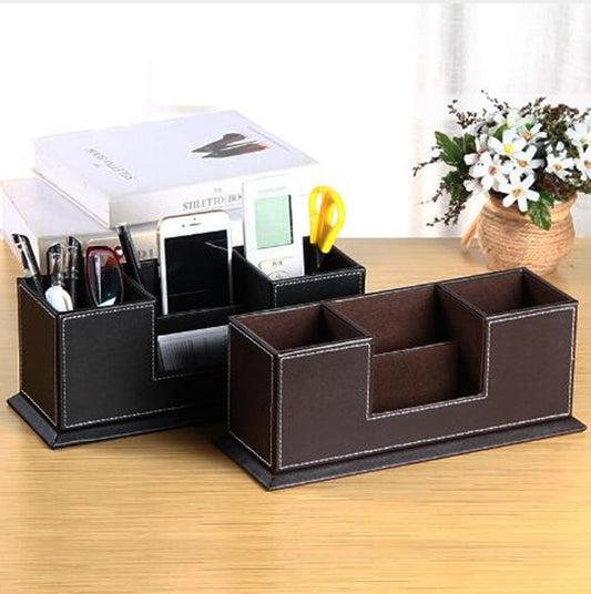 Creative Pen Support Fashion Leather Multifunctional Desktop Office Storage Pen Case Socket Double Pen Holder