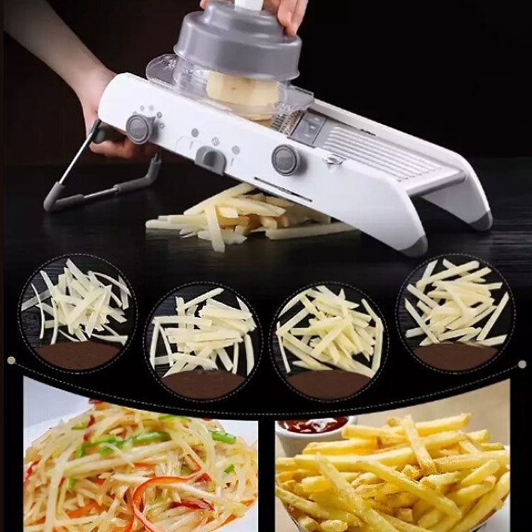 Long mandoline slicer with multiple cut styles shown in round result inserts