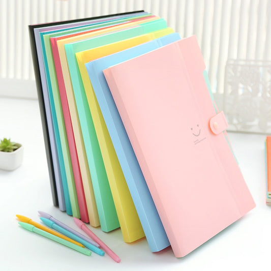 Pastel multi-layer file folder pouches with smiling face logo and button strap closure
