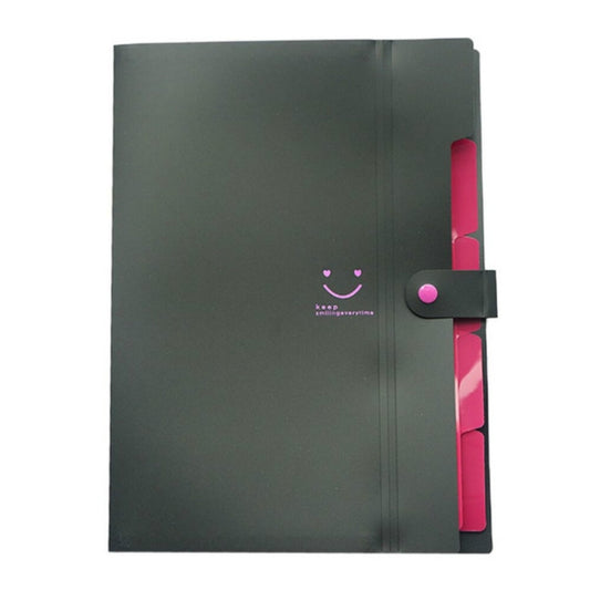 Black file folder pouch with pink inner spine, snap strap closure, and smiling face logo