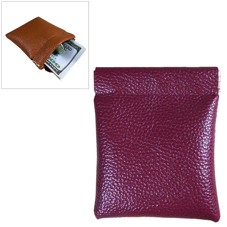 Maroon PU leather coin purse with snap closure, textured surface mini wallet.