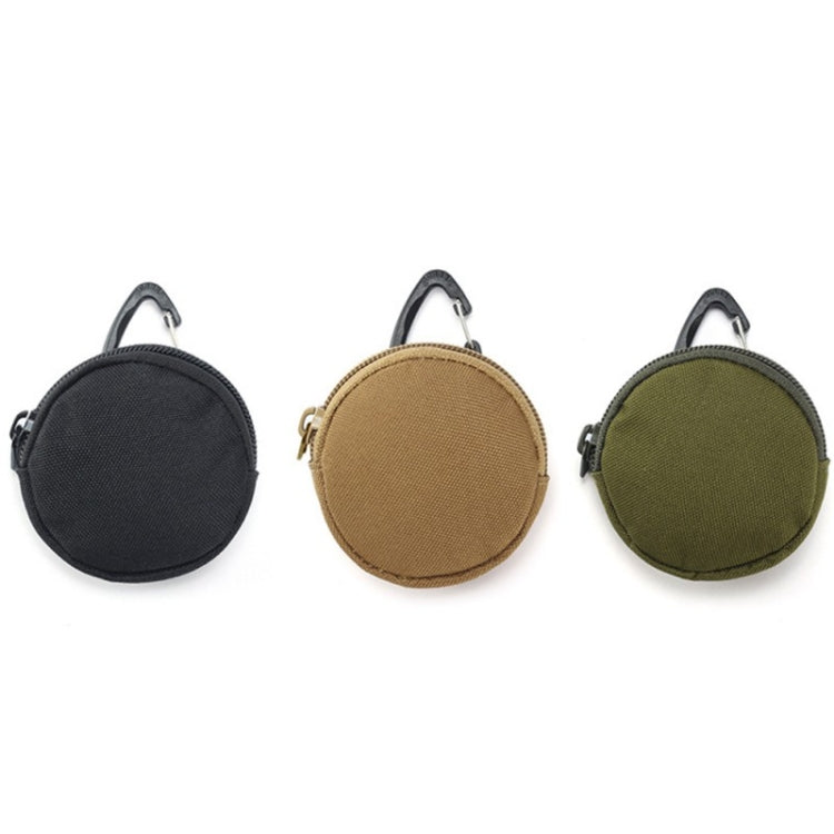 Set of round waist pack wallets in black, khaki, and green with zipper clips