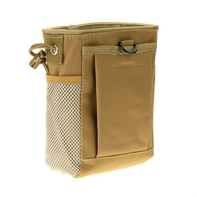Tan waterproof debris recycling bag with front webbing pocket and mesh side panel.