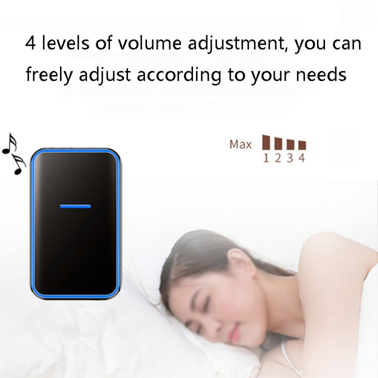 Black wireless doorbell receiver with blue LED and volume level markers 1–4