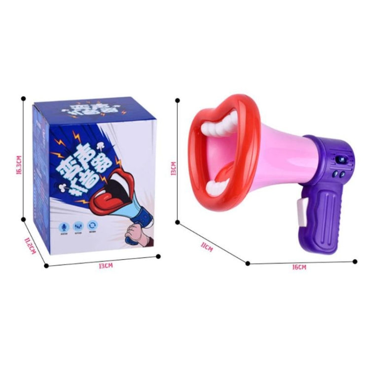 Children's handheld megaphone speaker microphone toy with red mouthpiece, purple handle, and box