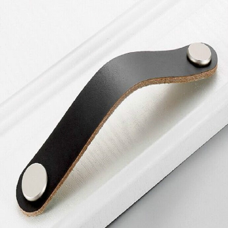 Black leather drawer pull handle with single-hole round metal end caps