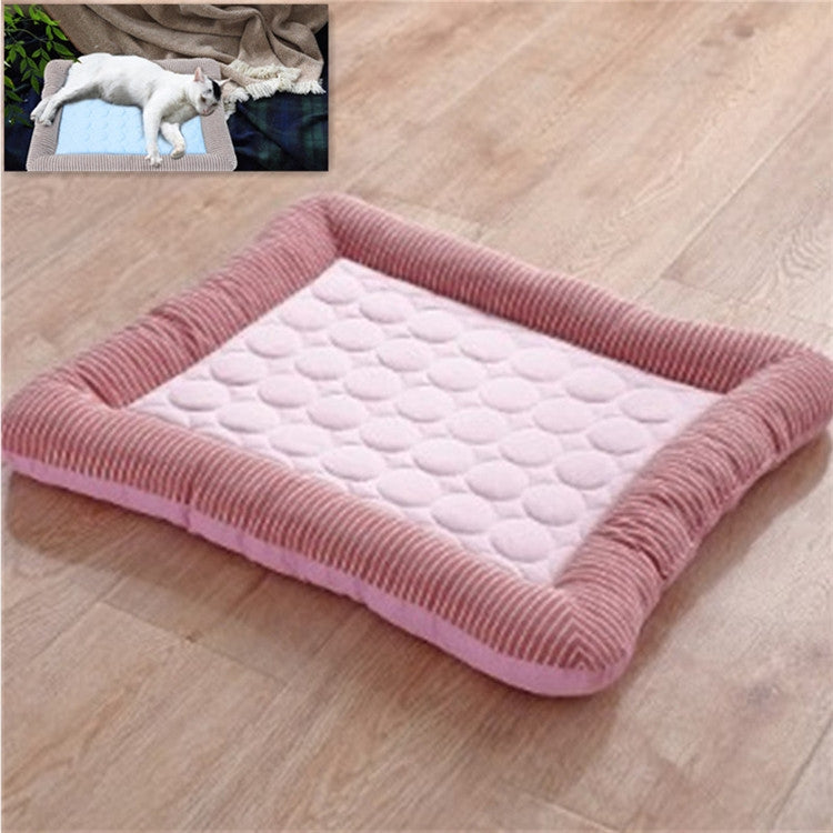 Pink cooling pet nest pad, low rectangular design with quilted cooling surface
