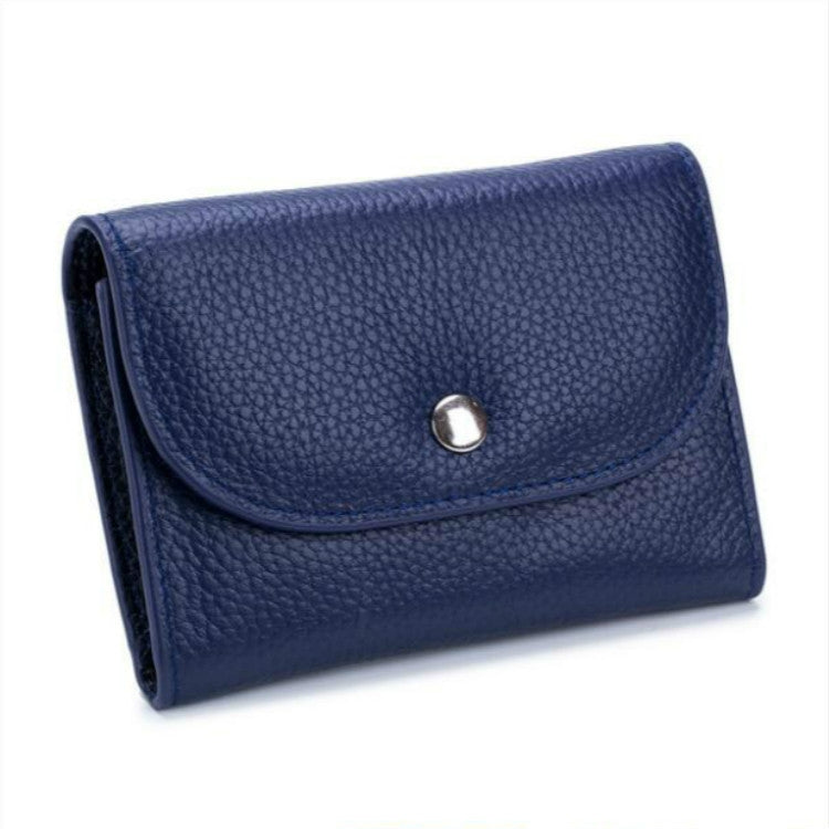 Blue pebbled leather zip coin card wallet with front flap and metal snap button