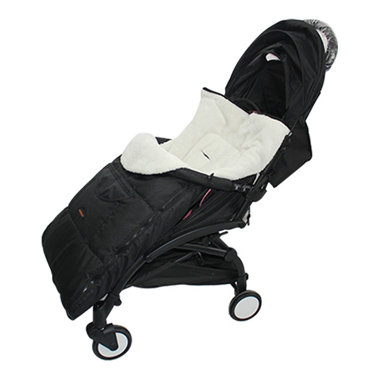 Black baby stroller sleeping bag footmuff with hood, plush lining, and black zipper trim
