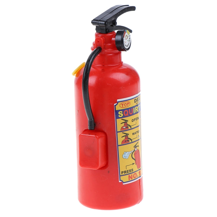 Red plastic toy squirt-gun fire extinguisher side view with black hose and lever
