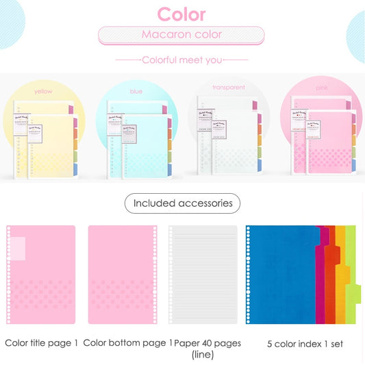 Macaron-color loose-leaf notebook set with multiple pastel covers in yellow, blue, pink