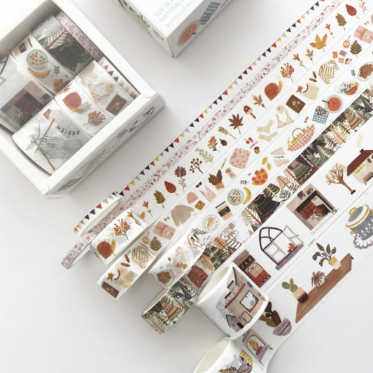 Decorative washi tape set with autumn leaf and vintage house patterns