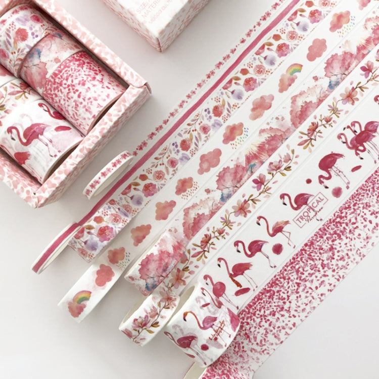 Decorative paper tape set with pink flamingo, fruit, and speckle patterns on strips