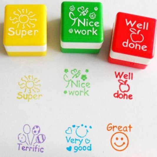 24 PCS / Box Teacher Comments Cartoon Plastic Square Stamps Colorful Pattern Children Toy Stamps, Square Stamps