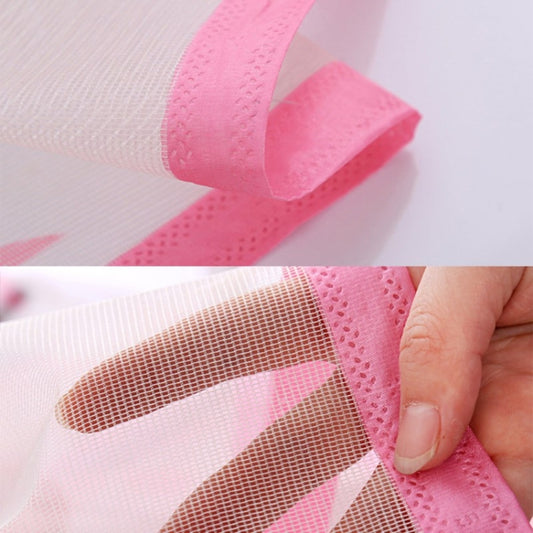 Pink anti-insect mesh curtain close-up showing fine grid and rolled edge