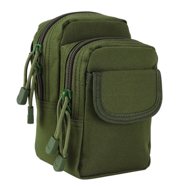 Compact utility waist pouch bag in green canvas with front zip pocket and side lanyard