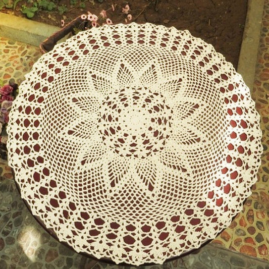 Exquisite Handmade Crochet Hook Flower Garden Mori Cotton Lace Openwork Woven Round Tablecloth, 60cm Diameter