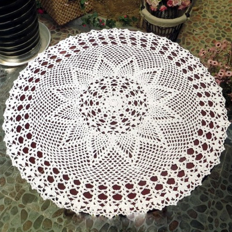 White round crochet lace tablecloth with floral medallion center, 60cm